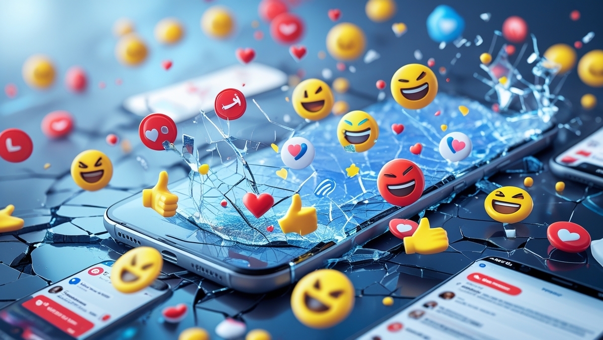 A smartphone screen exploding with emotional emojis, representing a social media frenzy of reactions and notifications