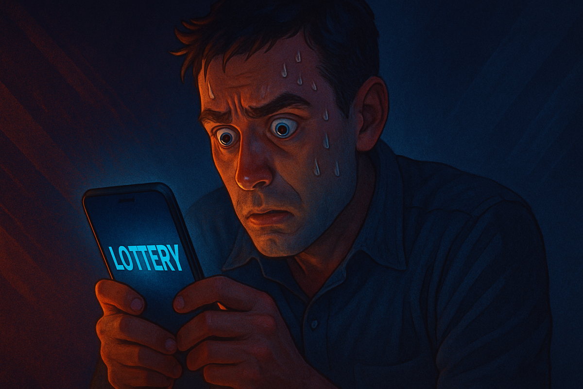 A shocked man staring at his phone screen showing the word 'LOTTERY', sweat dripping from his forehead, capturing the tense moment before a big result.