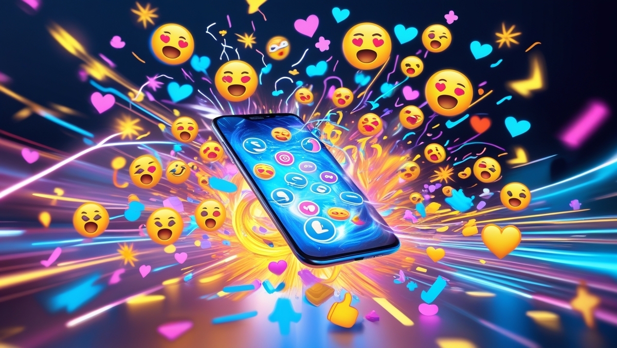 A vibrant explosion of emojis bursts from a tilted smartphone screen, symbolizing a wave of joyful reactions and surprise on social media.