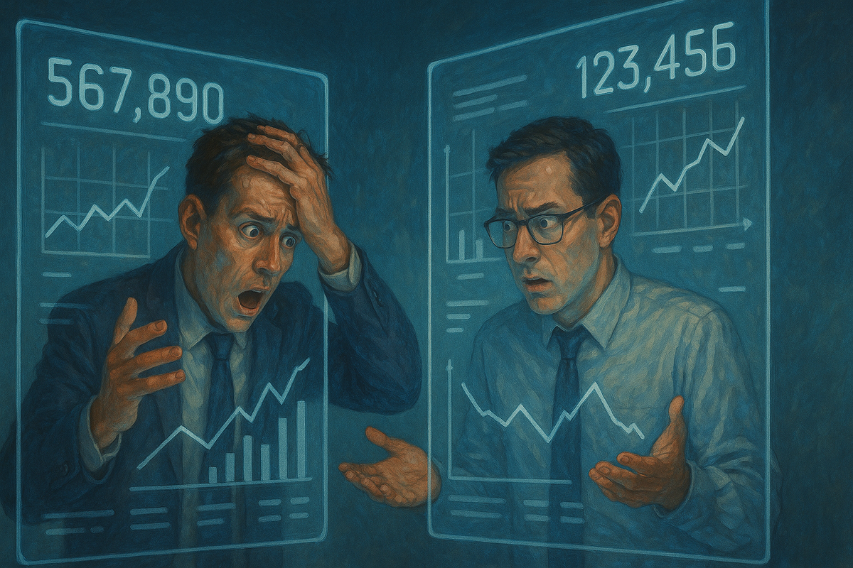 Two businessmen react with shock and confusion to unexpected data on a digital screen, highlighting a surprising and stressful result.