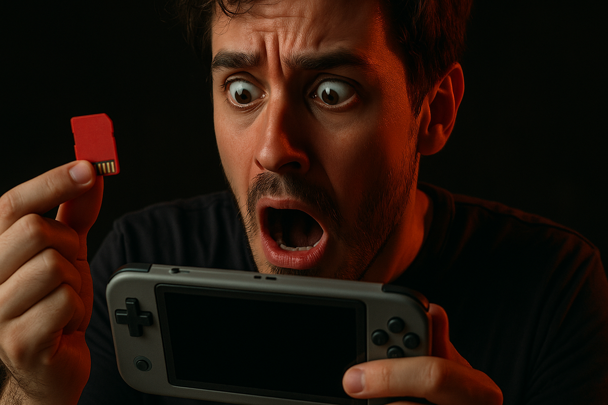 Shocked gamer holding a red memory card and a handheld console, realizing it's incompatible – intense facial reaction