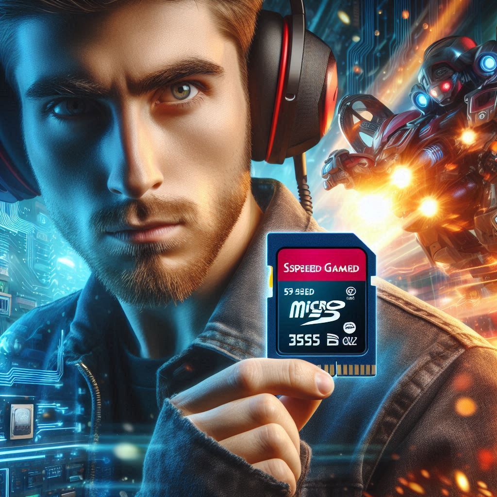 Intense gamer holding a high-performance memory card with glowing effects and explosive futuristic background – confident a