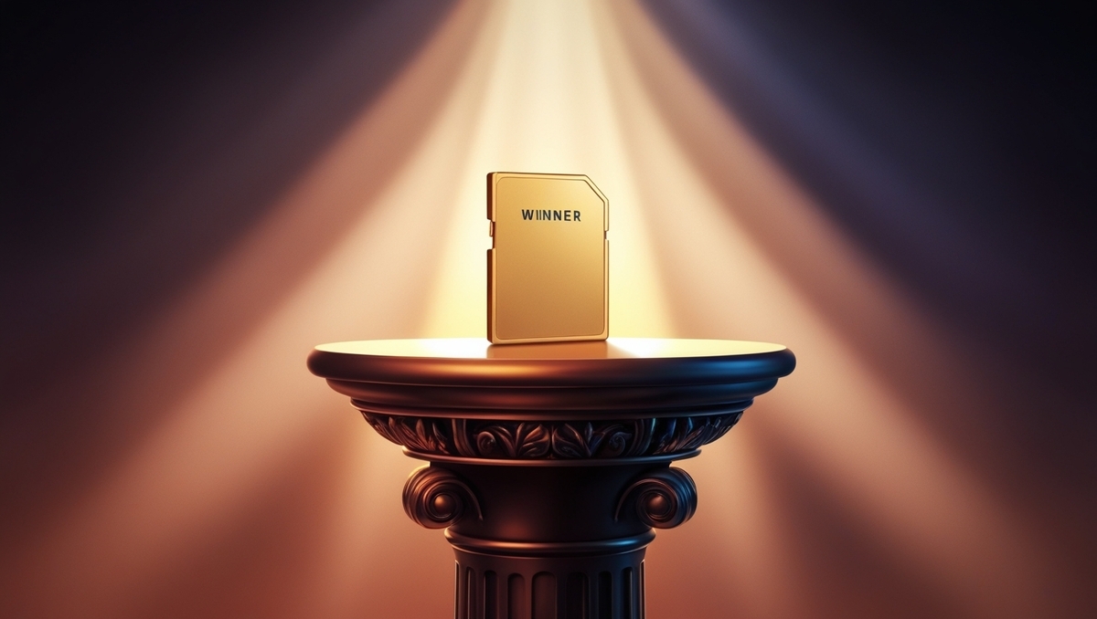 Golden memory card labeled "WINNER" standing triumphantly on a podium under a spotlight – symbolizing the best and most trusted choice