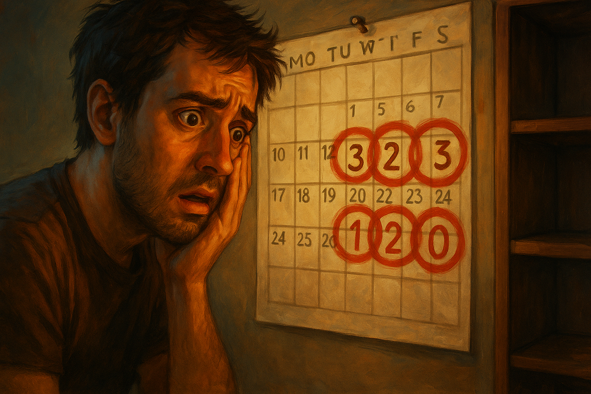 A panicked man stares at a calendar filled with red deadlines, overwhelmed by the fear of missing a Switch 2 lottery.