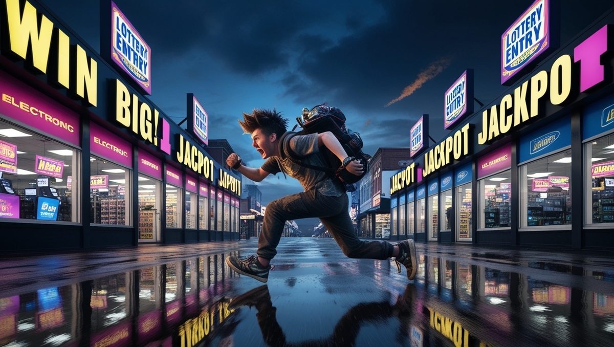 A desperate man sprints toward a glowing lottery shop, screaming with urgency, as if his last chance to win is slipping away.