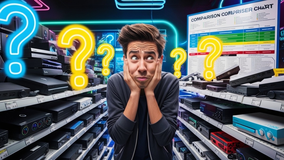 A confused shopper in an electronics store, overwhelmed by too many console choices and unsure what to buy — frustration and indecision all over his face.