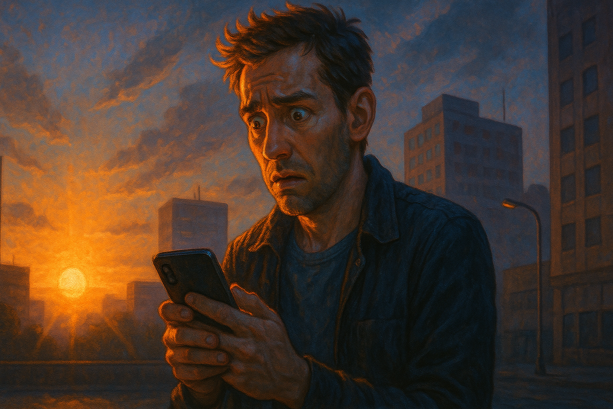 A man staring anxiously at his phone during sunrise, overwhelmed with nervous anticipation as if waiting for life-changing news.