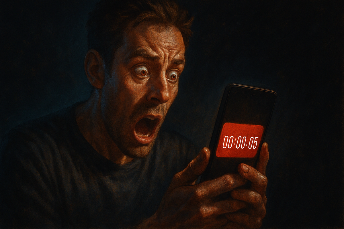 A man stares at his phone in shock as a countdown hits five seconds, face filled with urgency and disbelief.