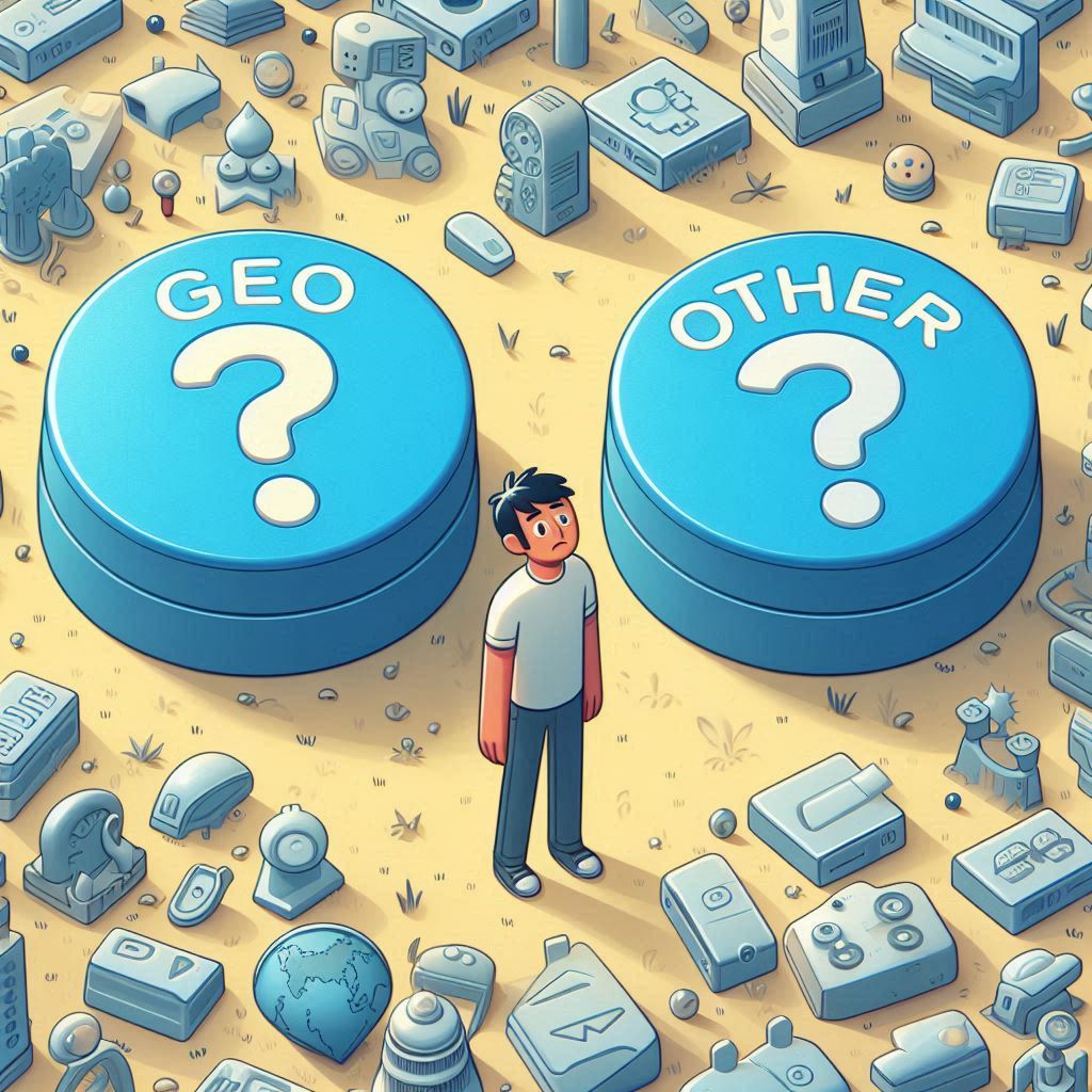 A confused shopper stands between two giant buttons labeled "GEO" and "OTHER", surrounded by electronics, unsure which to choose.