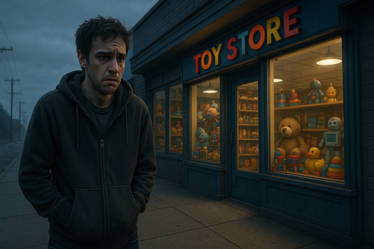 A disappointed man standing outside a toy store at dawn, realizing Switch 2 is sold out again. His face shows deep frustration and quiet desperation.
