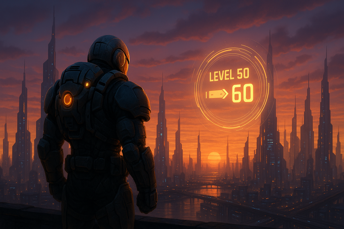 A cyber soldier overlooking a futuristic city at dawn, emotionally embracing his journey from level 50 to 60. Determination and hope radiate from the glowing upgrade symbol.