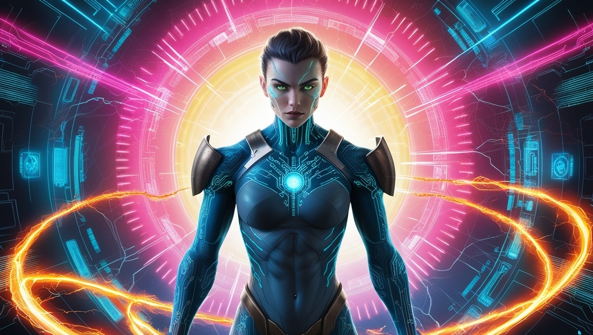 A powerful cybernetic woman awakening her inner energy core, glowing with determination and resolve as she transcends to a higher level. The moment of digital rebirth.