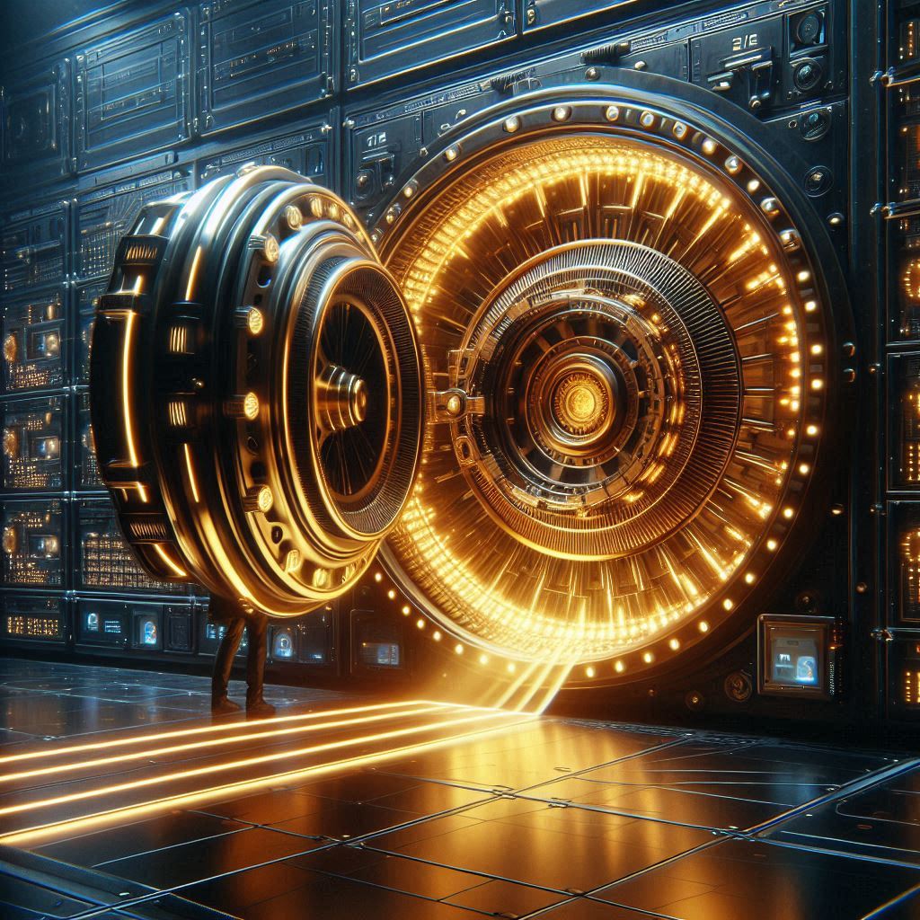 A lone figure unlocks a massive glowing cyber vault, stepping into the unknown. The moment of breaking limits and accessing untapped potential.