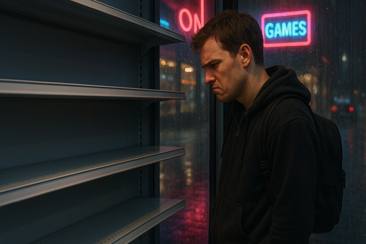 Disappointed gamer staring at empty game shelves under neon lights, expressing frustration and hopelessness in the rain