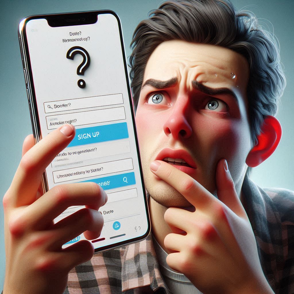 Confused young man sweating while trying to sign up on a smartphone, overwhelmed by unclear instructions
