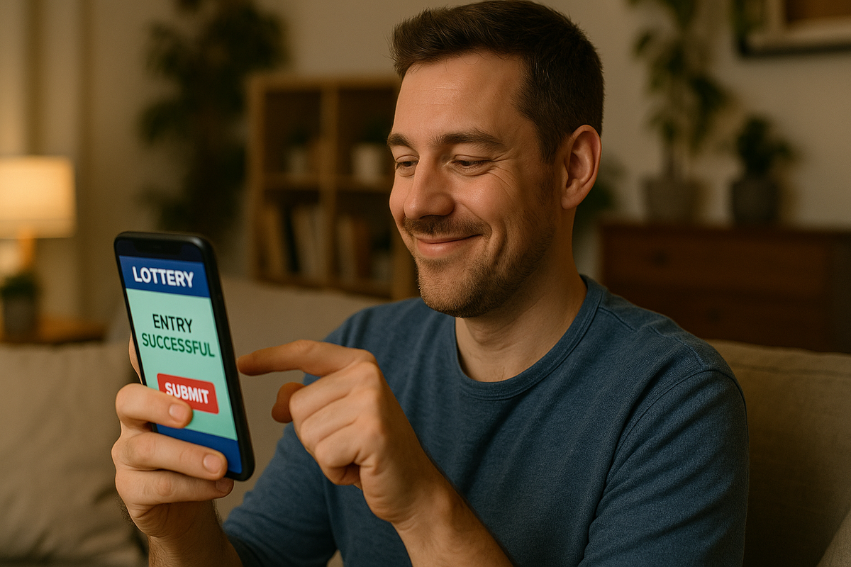 Relieved man smiling with eyes closed after successfully submitting his lottery entry on a smartphone