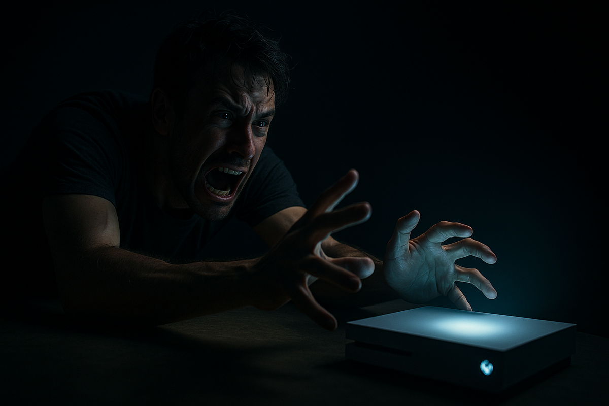A man screaming and reaching desperately toward a glowing game console, overwhelmed by frustration and desire to win the lottery for a new Nintendo Switch 2.