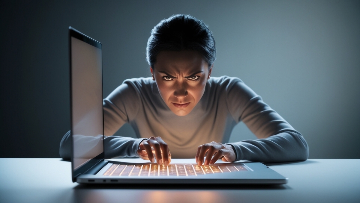 An intensely focused woman typing furiously on a glowing laptop, eyes burning with determination and frustration—desperately trying to win a console lottery before the deadline.