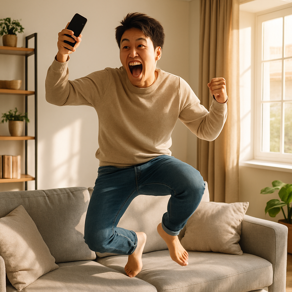 An ecstatic young man jumps with joy while holding his phone, celebrating an exciting online reservation in his sunlit living room.