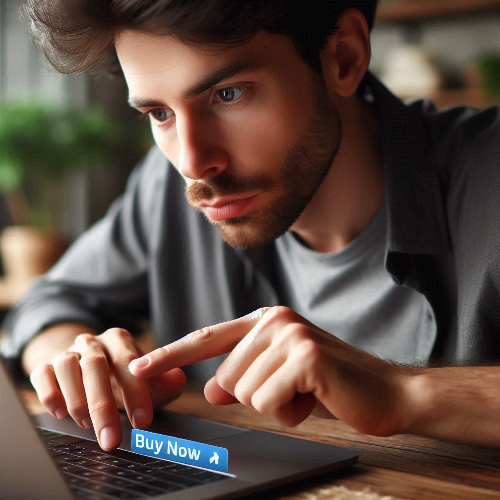 A determined man intensely focuses on his laptop screen, ready to click 'Buy Now' in a high-stakes online shopping moment.