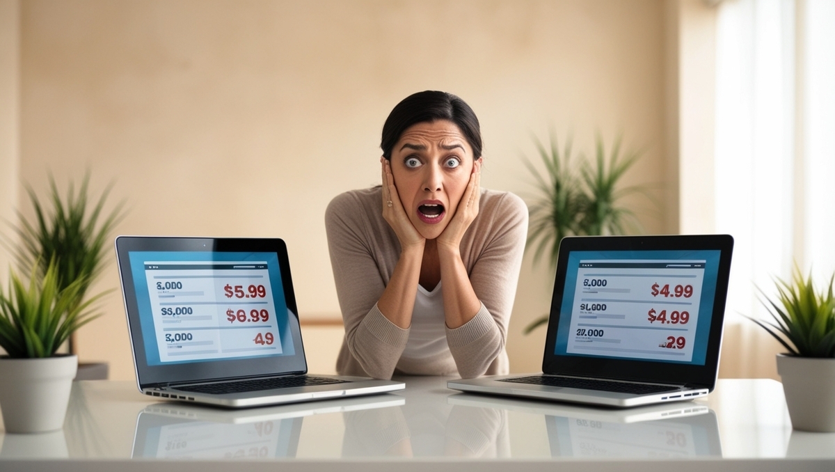 A shocked woman stares at two laptop screens displaying drastically different prices, overwhelmed by the unexpected price gap.