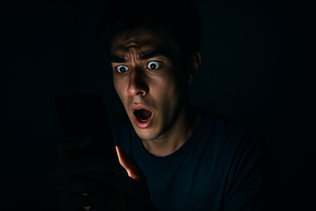 A shocked young man staring at his smartphone in the dark, wide-eyed and speechless, overwhelmed by unexpected news