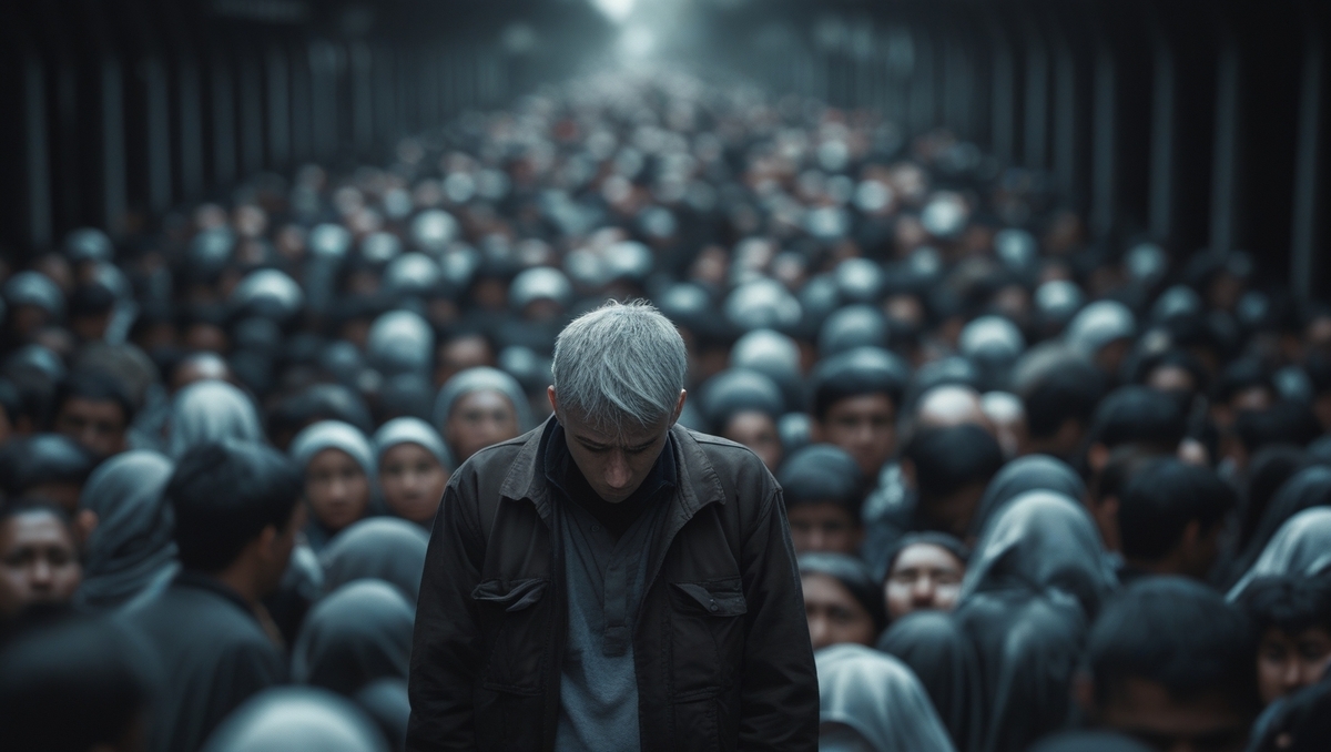 A man standing alone with his head down, surrounded by a sea of people, overwhelmed and defeated