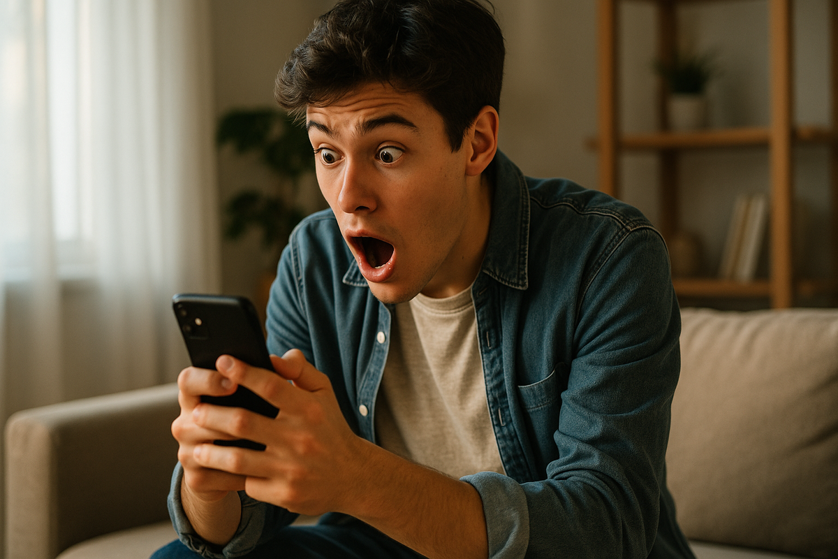 A young man staring at his phone with wide eyes and an open mouth, showing a strong mix of shock and excitement after seeing unexpected lottery results.
