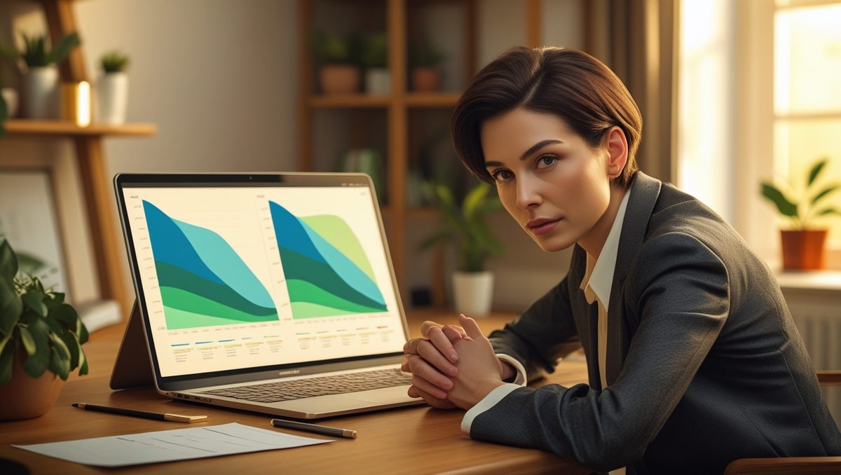 A focused businesswoman in a suit attentively examining a colorful data comparison chart on a laptop in a sunlit office.