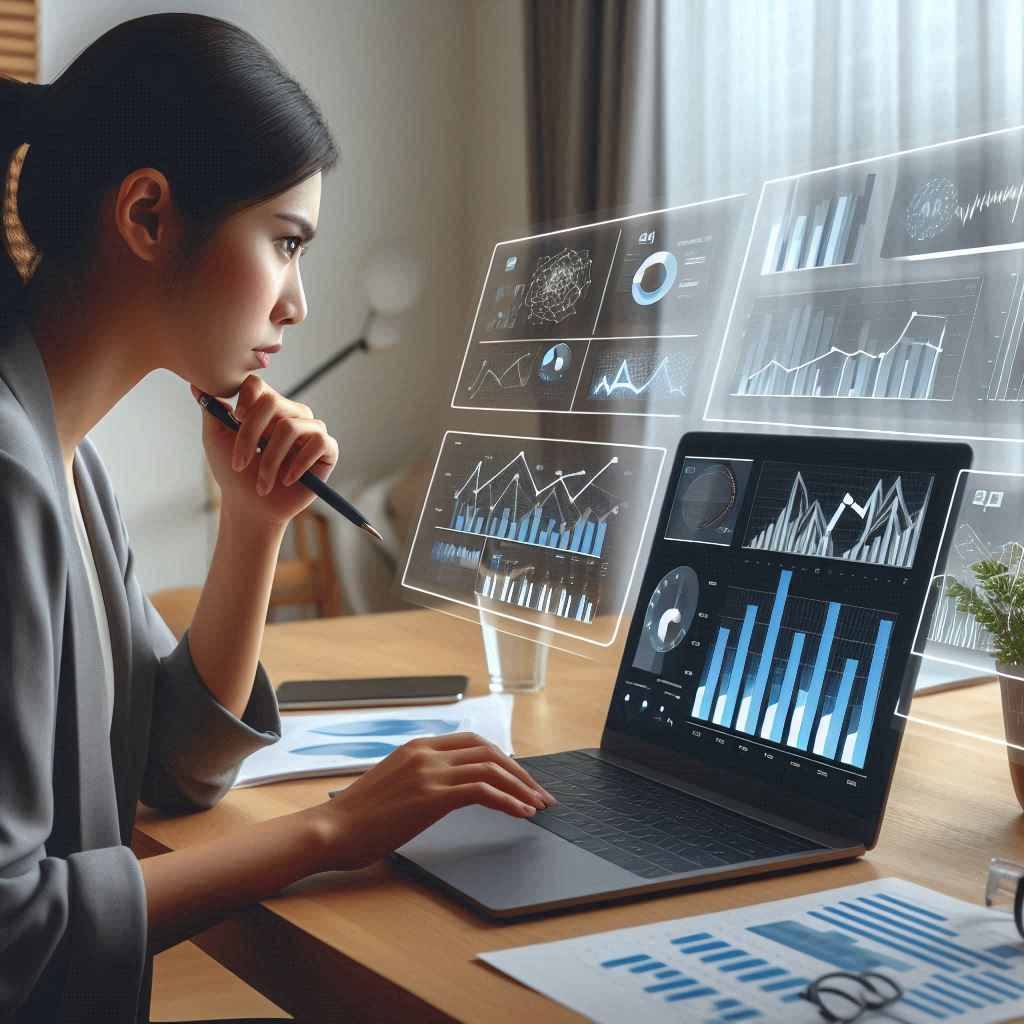A smart young woman attentively studying interactive analytics dashboards on her laptop, with calm focus and curiosity.