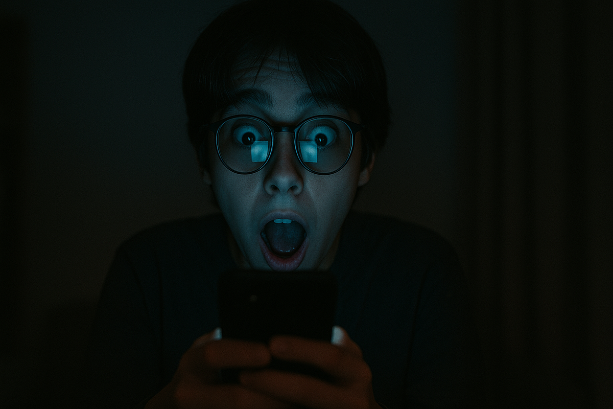 A shocked young man staring at his phone screen in the dark, eyes wide open with disbelief — as if he just saw the Switch2 lottery result.