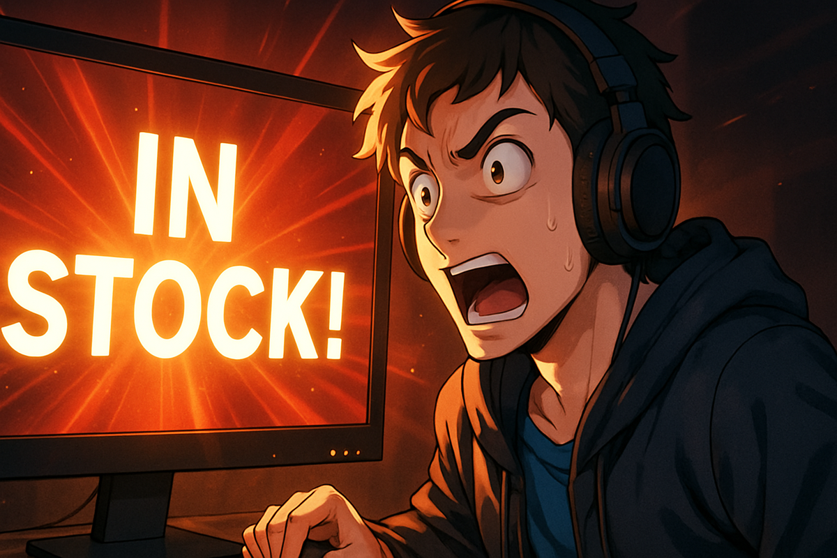 Shocked gamer screaming with excitement after spotting 'IN STOCK' alert on screen, sweat dripping, pure hype energy.