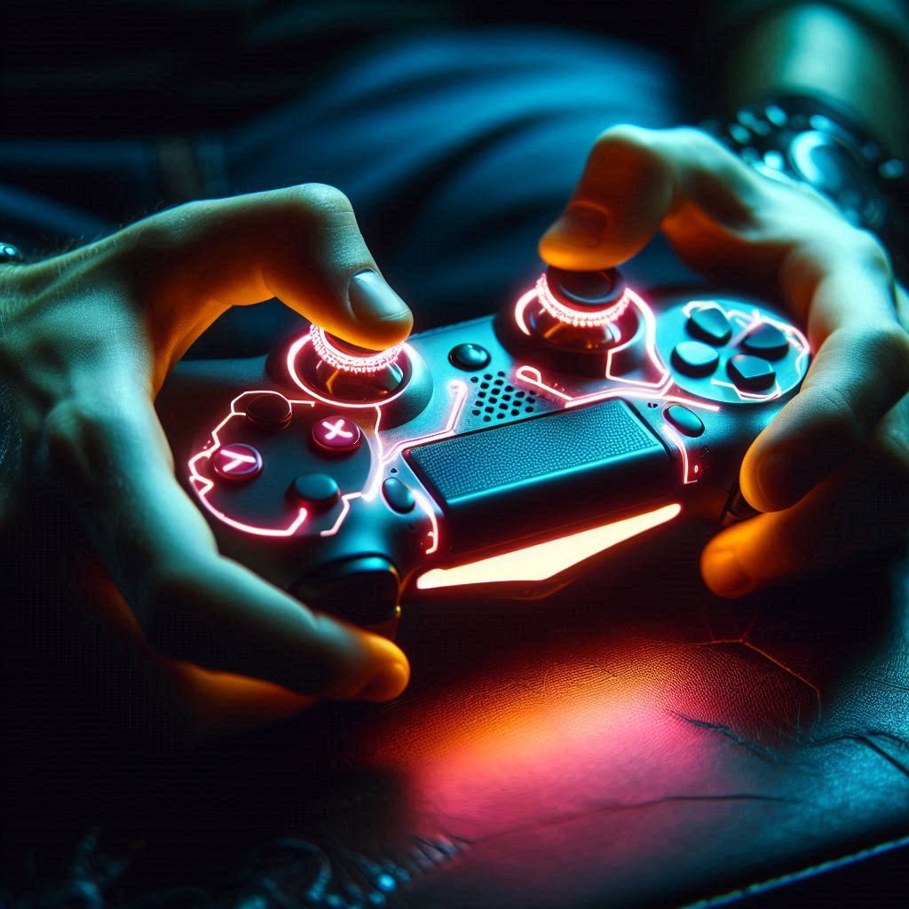 "Close-up of glowing gamer hands gripping a futuristic controller with intense focus and excitement