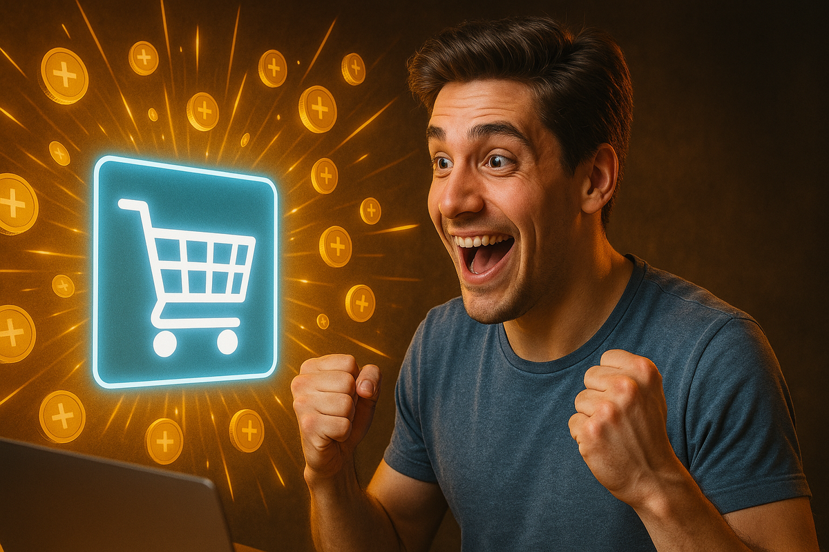 A thrilled man celebrating a successful online purchase with glowing shopping cart icon and coins bursting in the background.