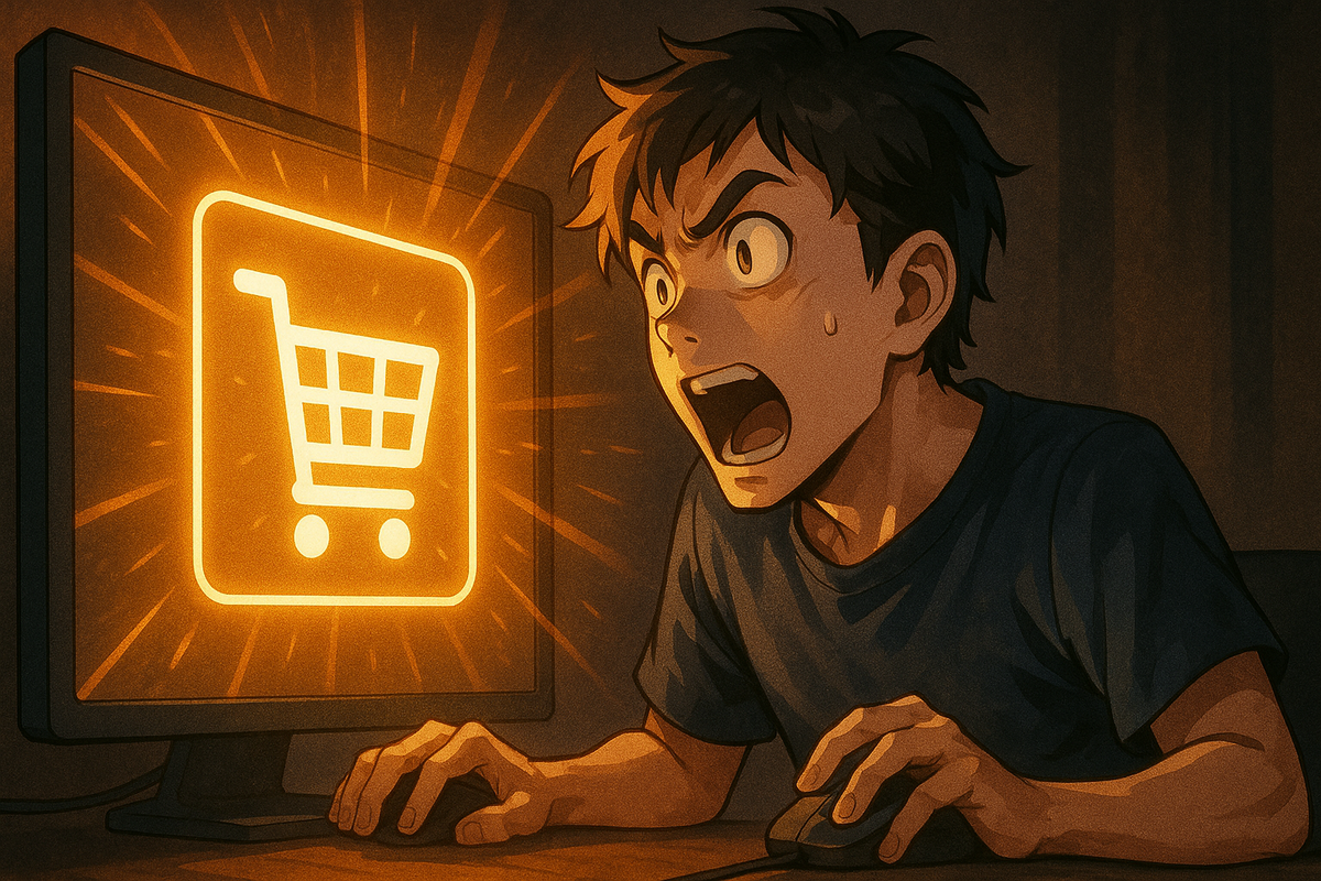 Shocked young man shouting at glowing shopping cart icon on monitor, intense excitement”
