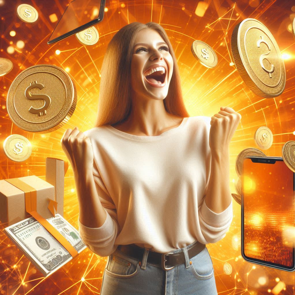 A woman exploding with joy in front of golden coins and a shopping cart icon, capturing the thrill of winning a shopping deal online.