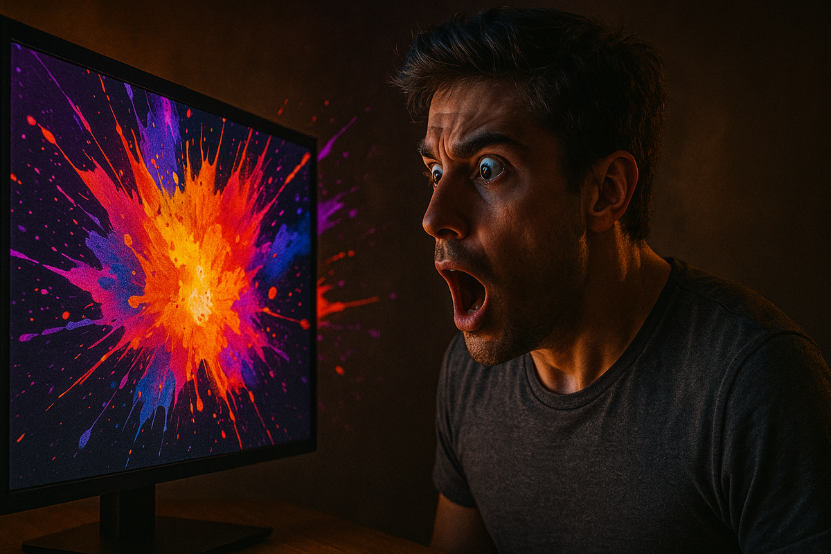 A shocked man staring at a computer screen as vibrant colors explode from the display, expressing overwhelming surprise and curiosity.