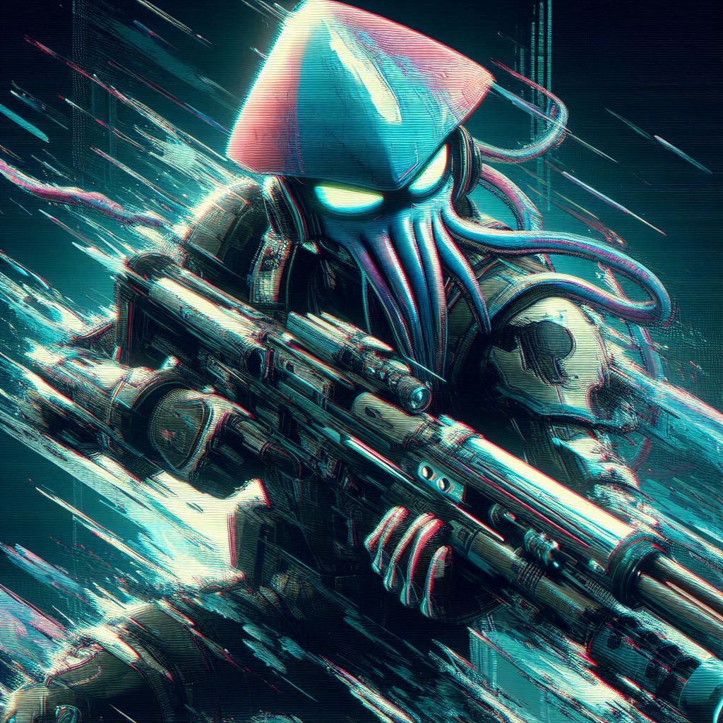 A furious cyber-squid warrior charging with glowing eyes and a massive ink-tech rifle, expressing intense determination and speed.
