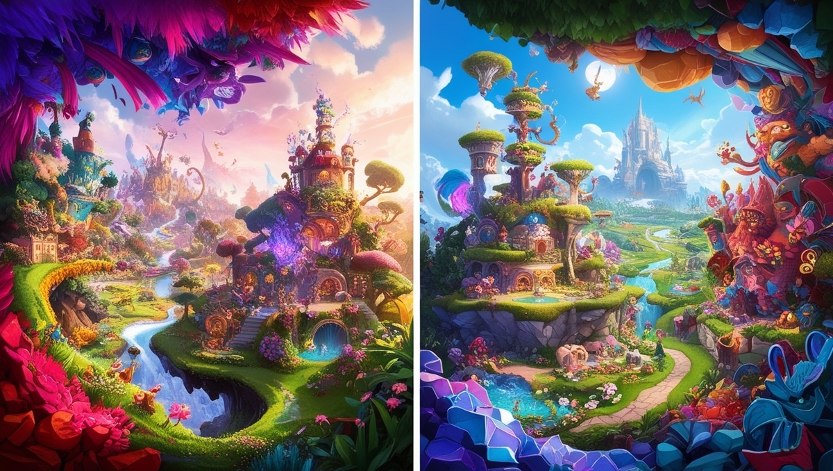Two vibrant parallel fantasy worlds bursting with magical landscapes, contrasting colors, and intricate village scenes — a moment of awe and discovery