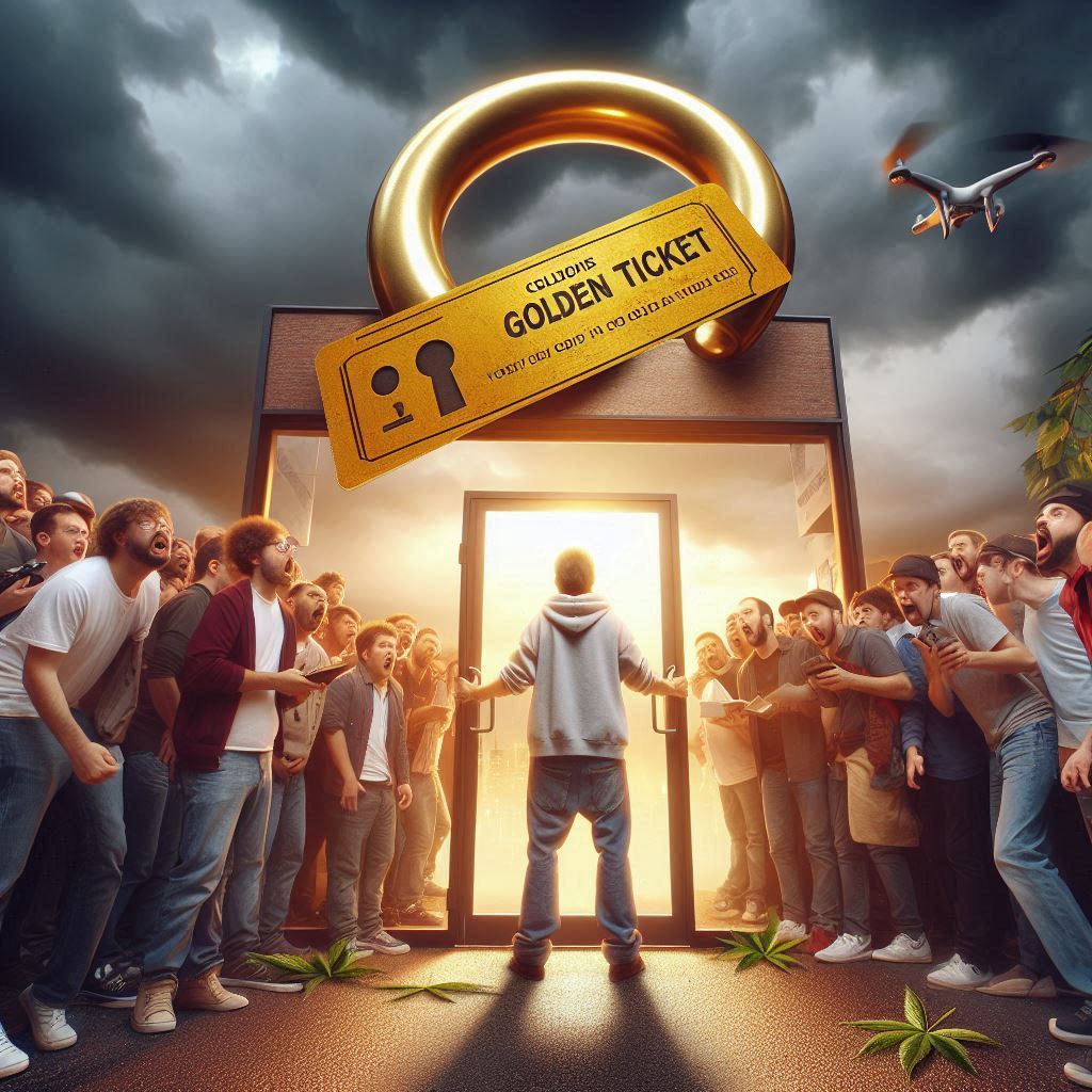 A lone person opens glowing doors while a shocked crowd watches—symbolizing exclusivity and the thrill of being chosen.