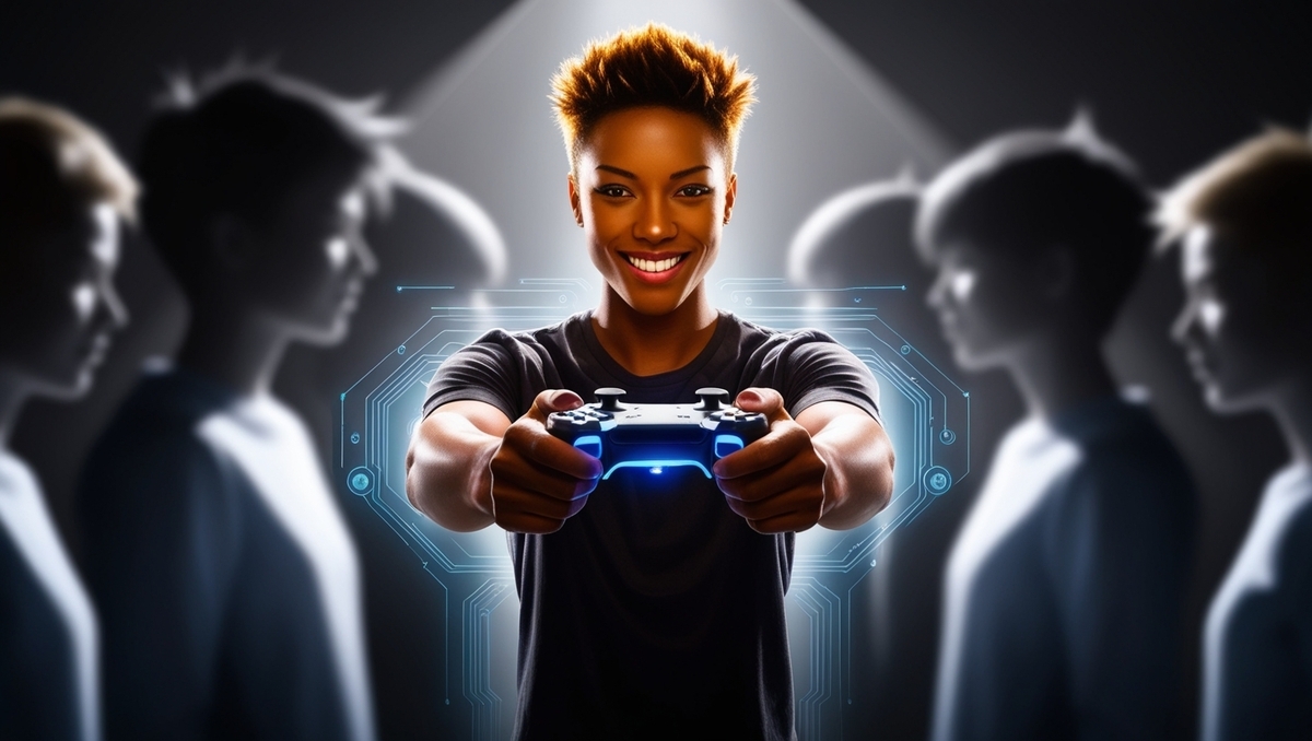 A confident gamer holds out a glowing controller with pride, standing out from a blurred crowd in the background—symbolizing the thrill of being chosen.