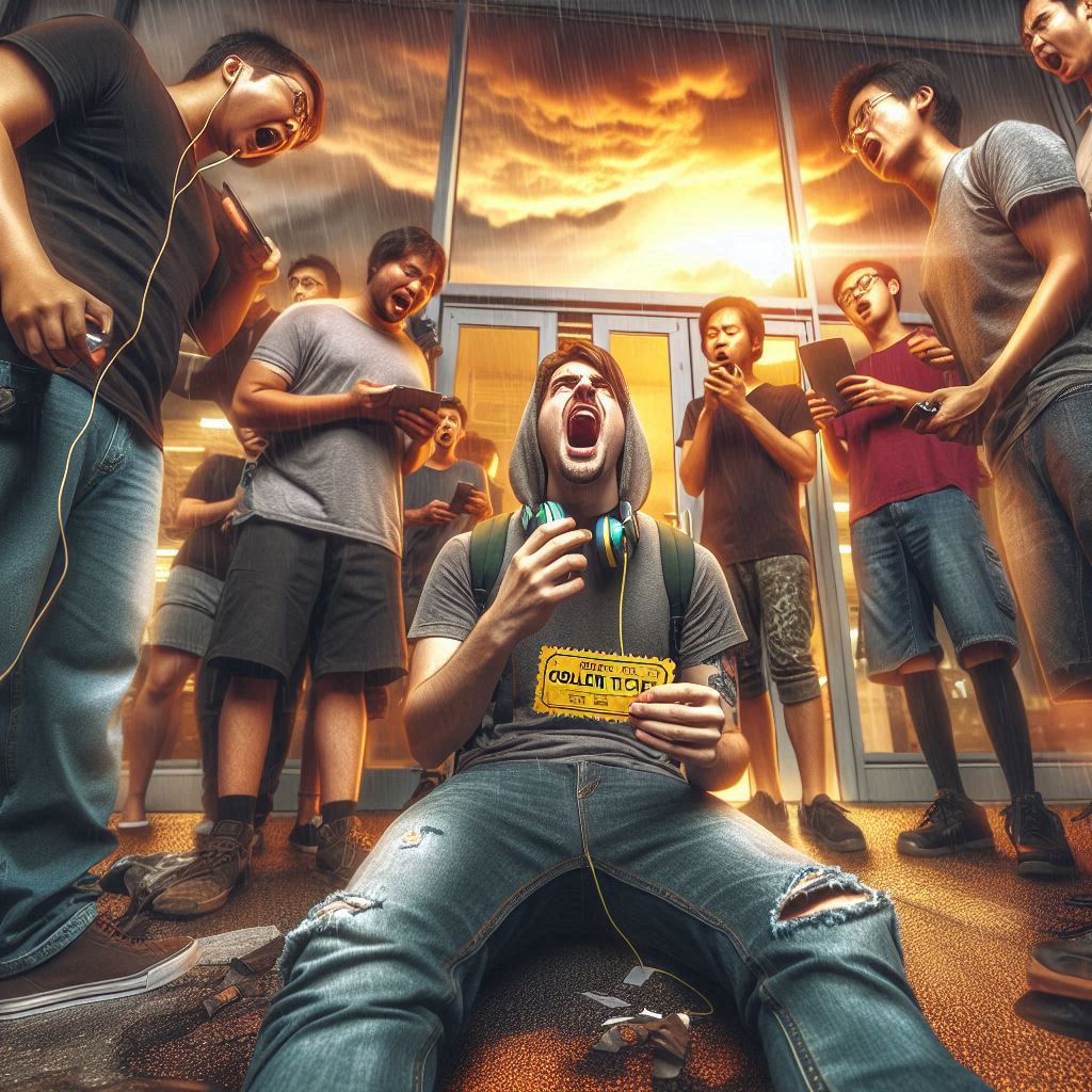A young gamer collapses to the ground in emotional shock after receiving a rare golden ticket, surrounded by jealous onlookers.
