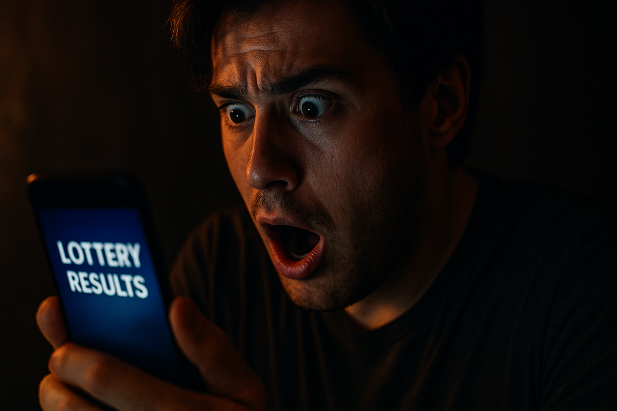 Shocked man staring at his smartphone after seeing unexpected lottery results, mouth wide open in disbelief.