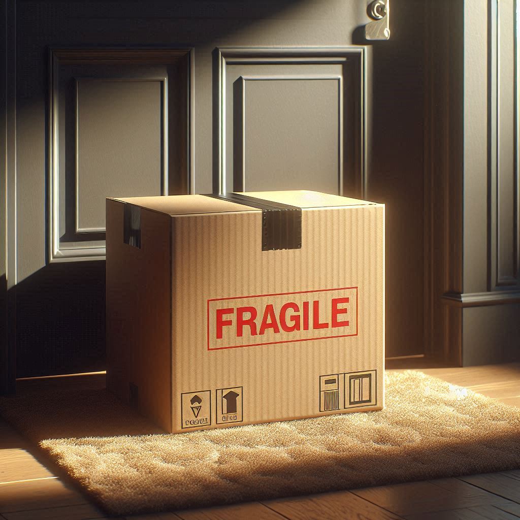 A cardboard package with a bold red 'FRAGILE' label sits on a soft carpeted doorstep, glowing in morning sunlight — evoking excitement and anticipation of a long-awaited delivery.
