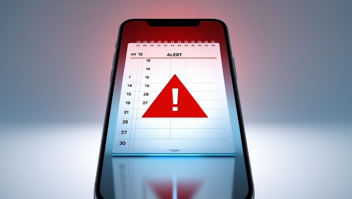 Smartphone screen displaying a red triangle alert symbol over a calendar — visualizing a critical deadline, creating urgency and tension about an important date.