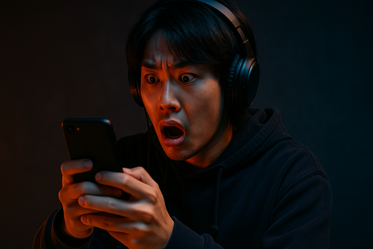 alt="Shocked young man wearing headphones staring at his smartphone in disbelief, reacting to unexpected lottery results"