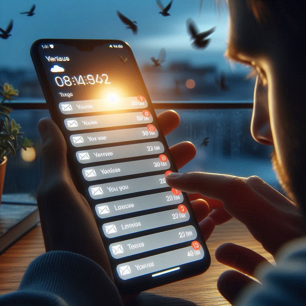 alt="Man anxiously checking dozens of unread email notifications on smartphone at sunrise, hoping for a lottery result"