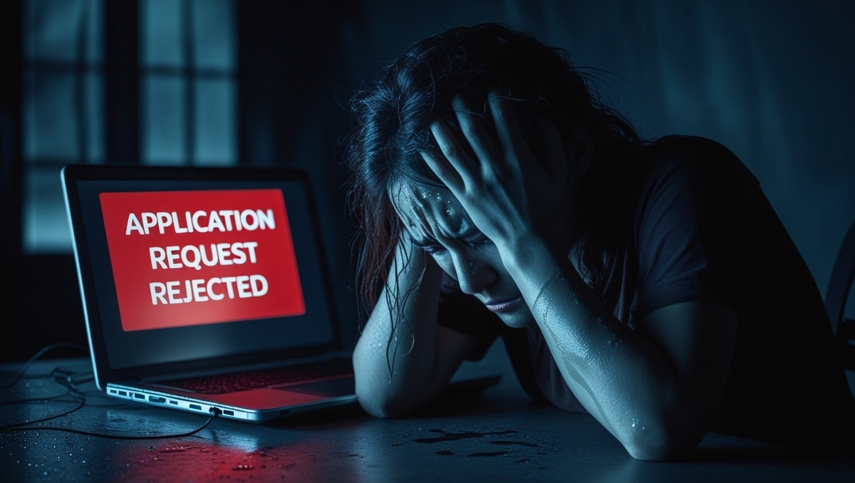 alt="Frustrated woman with head in hands, staring at a laptop screen showing 'Application Rejected' message in red, overwhelmed with disappointment"