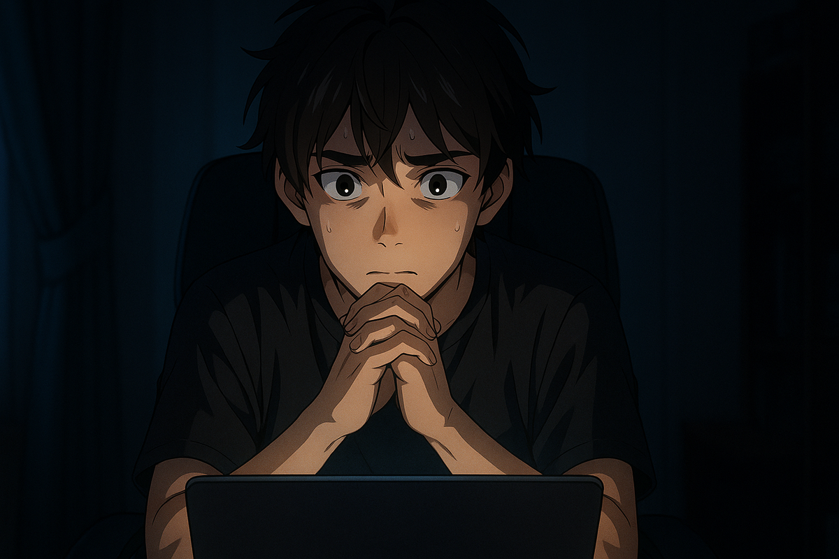 Anxious young man sweating in the dark, staring at his laptop screen with hands clasped, hoping to win the Switch2 lottery