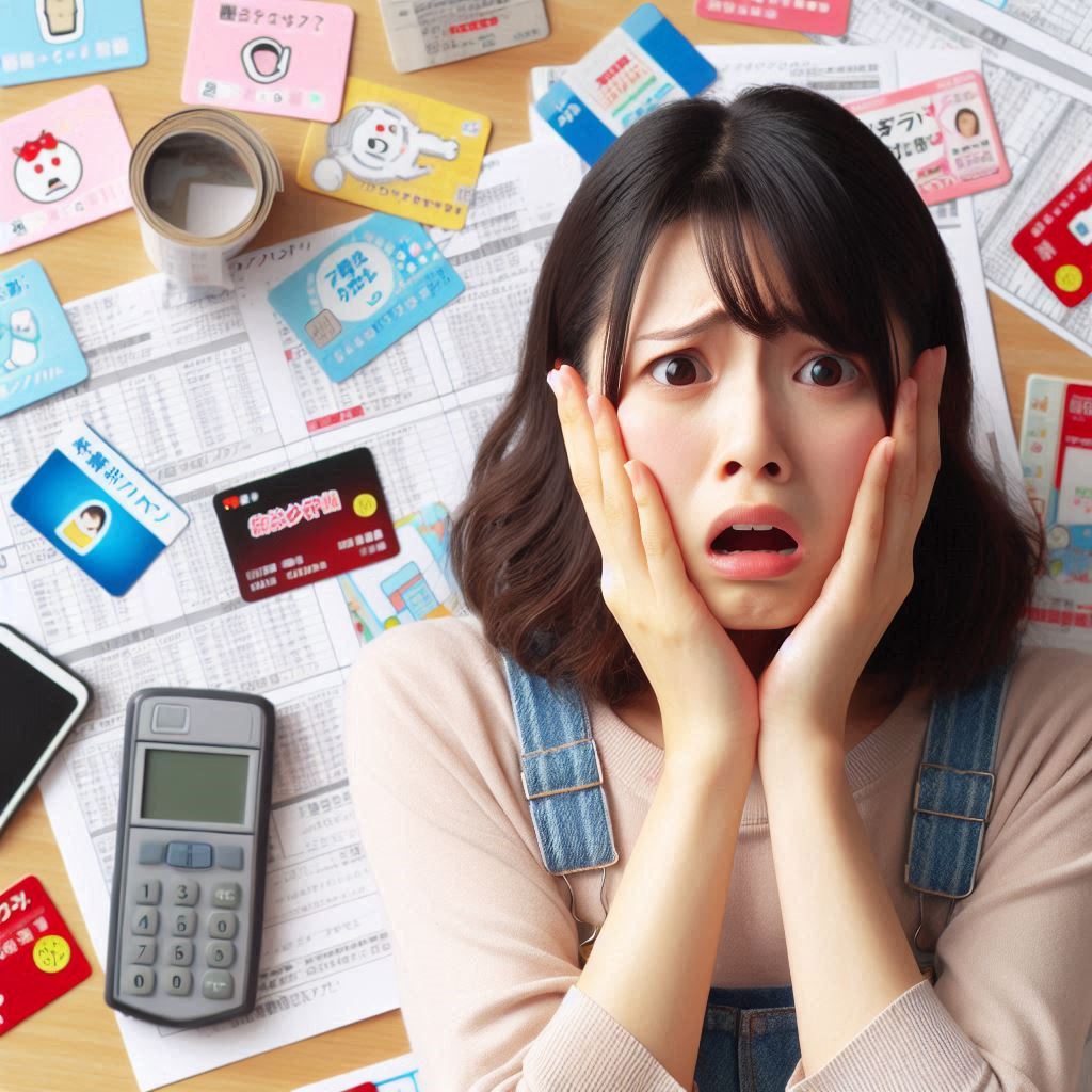 Shocked woman holding her face in disbelief, surrounded by membership cards and application forms, overwhelmed by confusing entry conditions